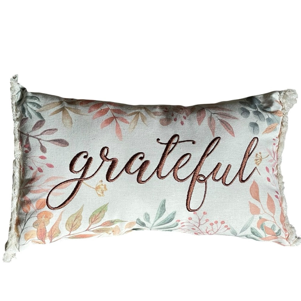 16”x9” Rectangular Accent Pillow Autumn Fall Embroidered Grateful Floral Fringe